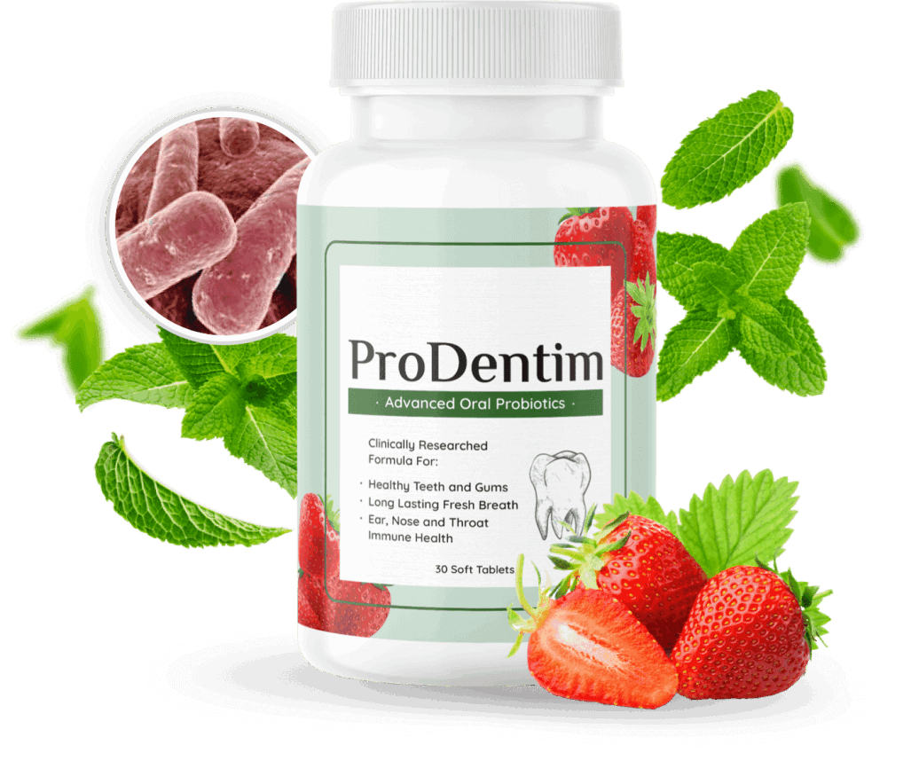 **Recommended alt tag:**  `ProDentim™ advanced oral probiotics supplement bottle with strawberries and mint leaves`