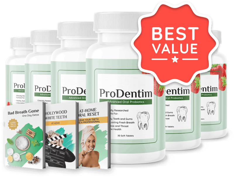 ProDentim advanced oral probiotics bottles with Best Value badge and dental care bonus guides